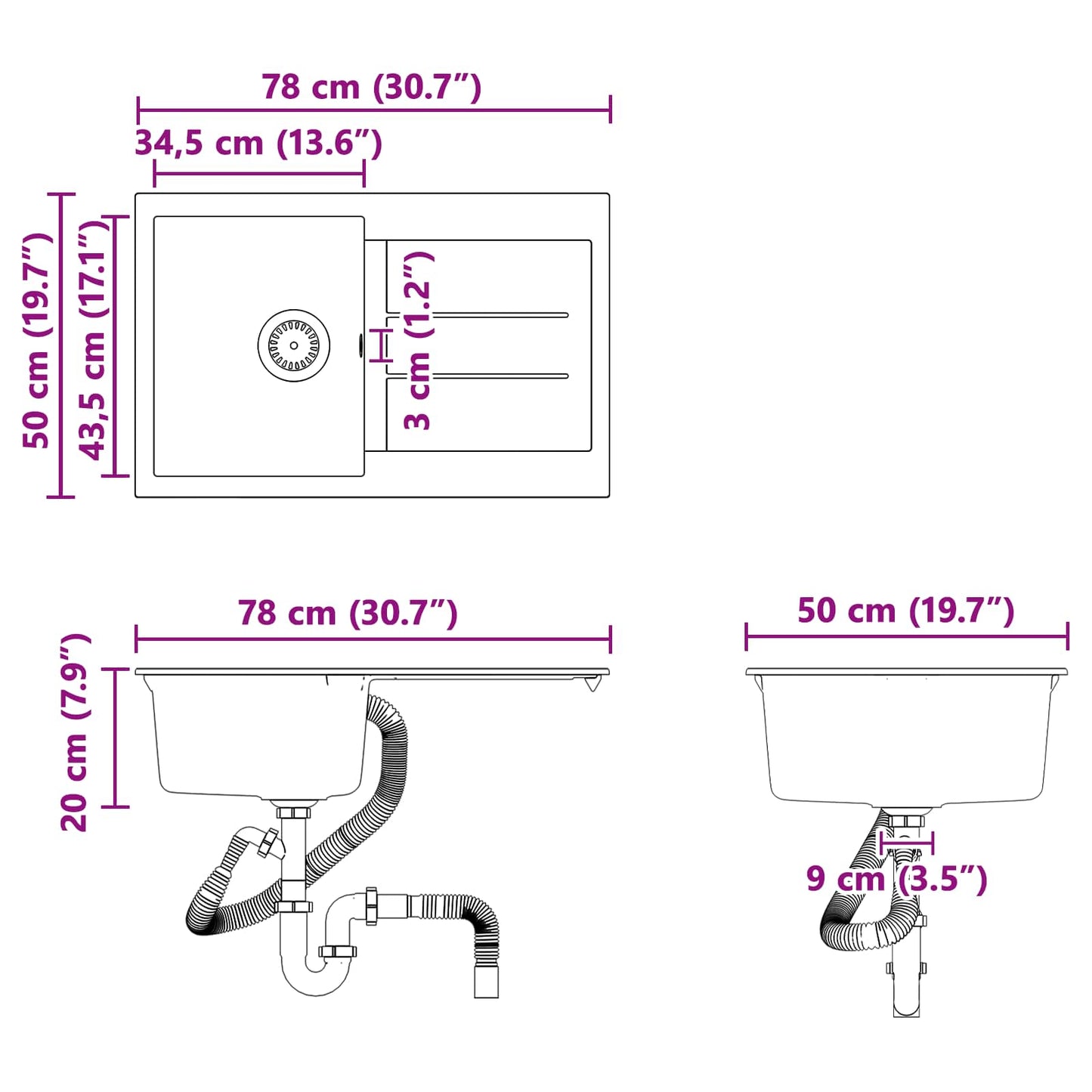 vidaXL Sink White 780 x 500 mm 80% Quartz and 20% Resin