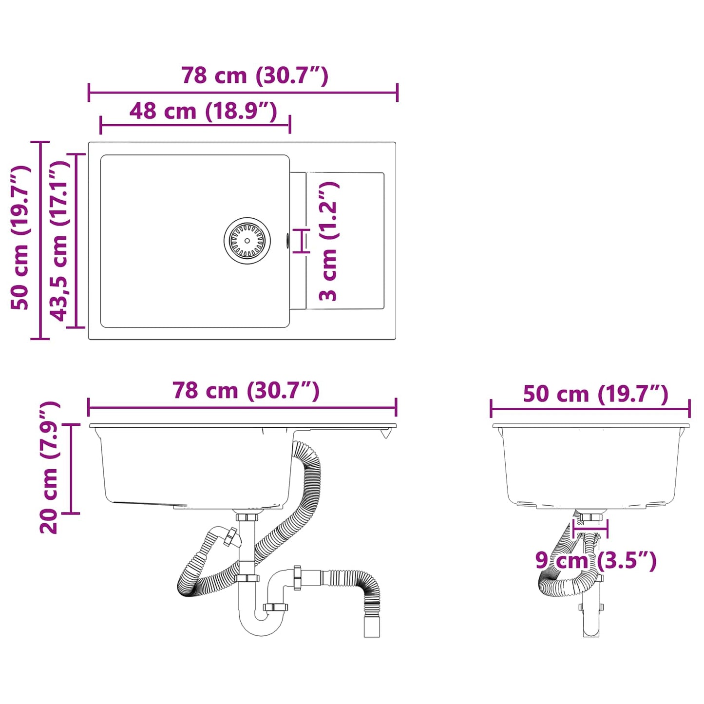 vidaXL Sink Grey 780 x 500 mm 80% Quartz and 20% Resin