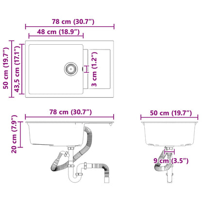 vidaXL Sink Grey 780 x 500 mm 80% Quartz and 20% Resin
