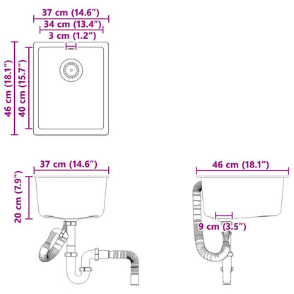 vidaXL Sink Black 370 x 460 mm 80% Quartz and 20% Resin
