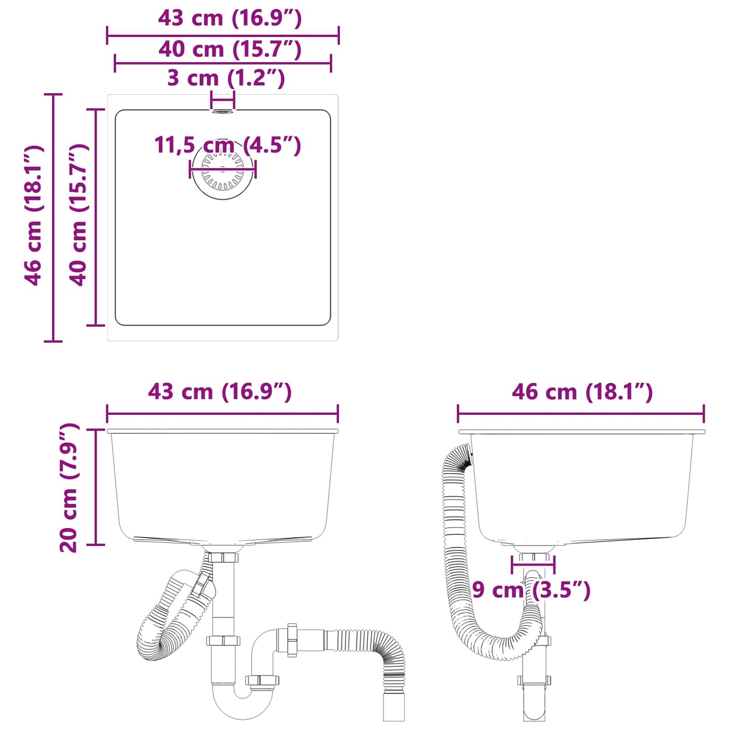 vidaXL Sink Black 430 x 460 mm 80% Quartz and 20% Resin