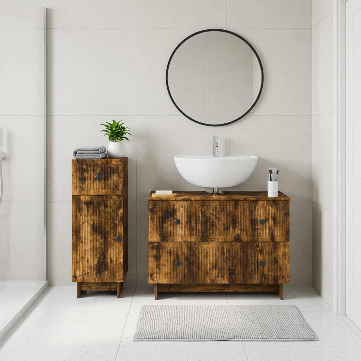 vidaXL 2 Piece Bathroom Cabinet Set EDE Smoked Oak Engineered Wood