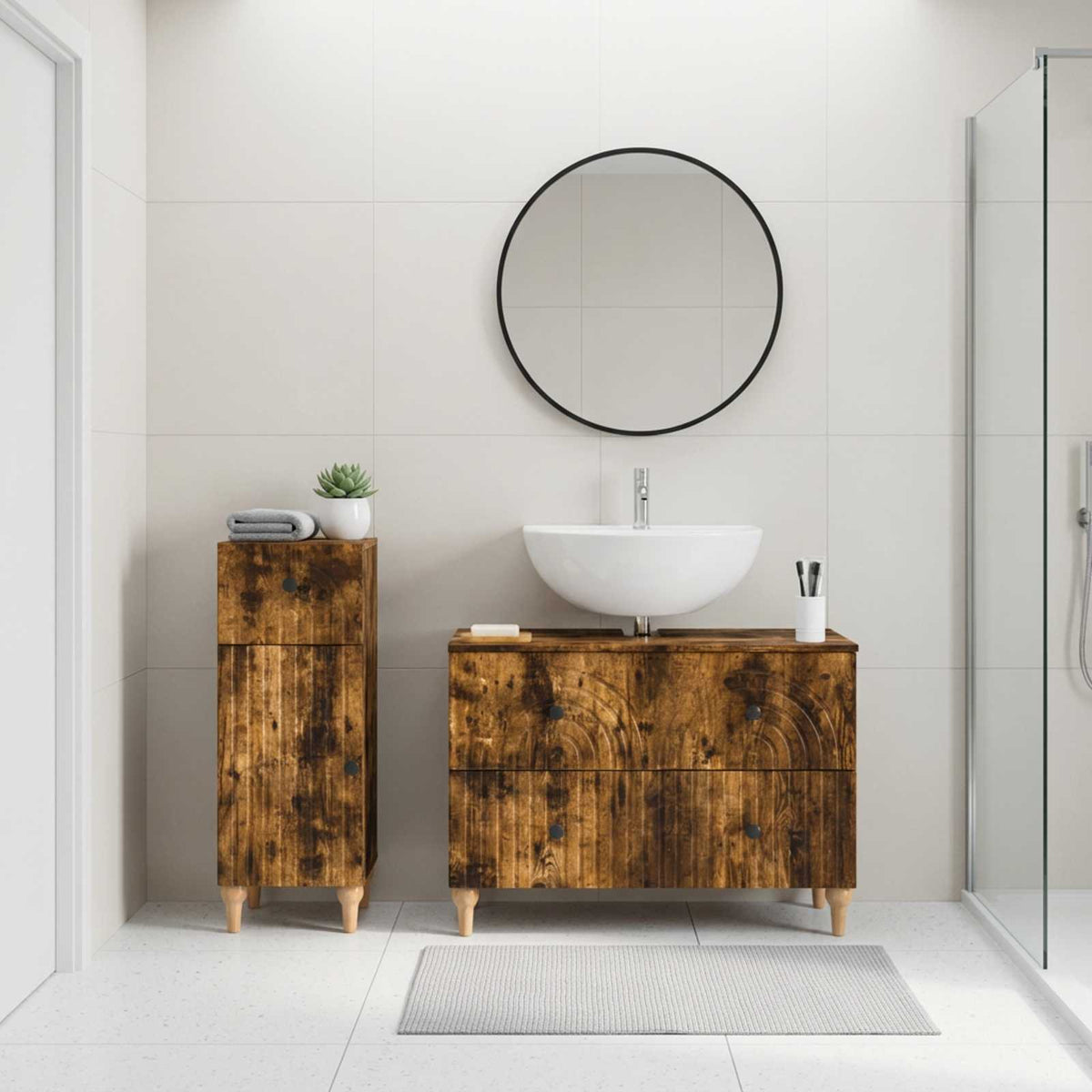 vidaXL 2 Piece Bathroom Cabinet Set ALKMAAR Smoked Oak Engineered Wood
