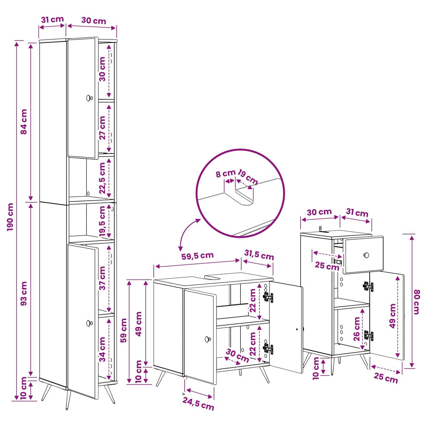 vidaXL 3 Piece Bathroom Cabinet Set BREDA Engineered Wood