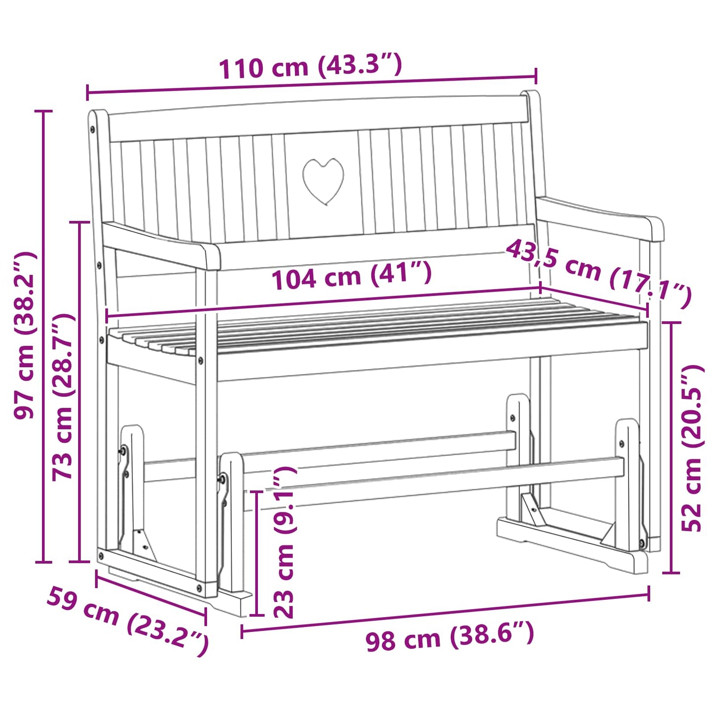 vidaXL Garden Glider Bench Natural 110 x 59 x 97 cm Solid Acacia Wood