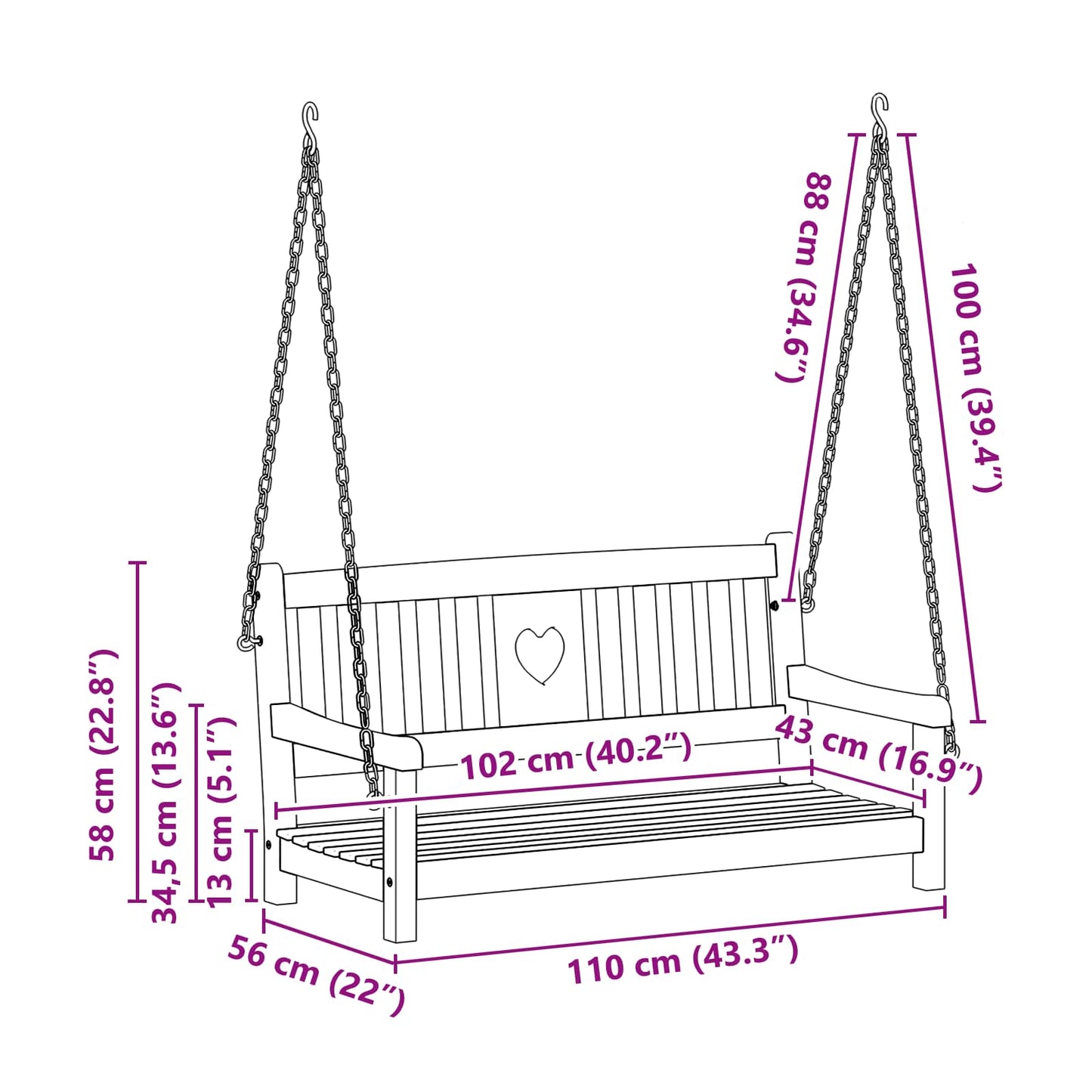 vidaXL Garden Swing Bench Natural 110 x 56 x 58 cm Solid Acacia Wood