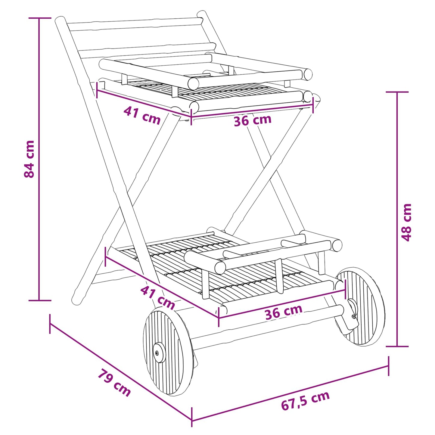 vidaXL Serving Trolley with wheels Natural 79 x 67.5 x 84 cm Bamboo