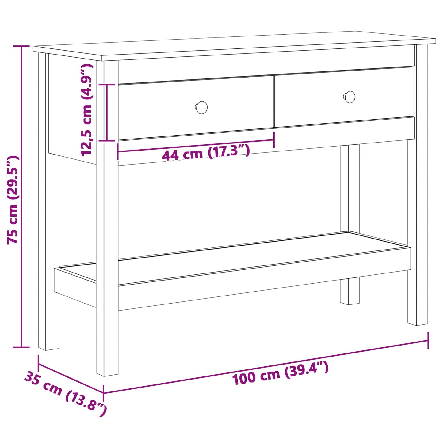 vidaXL Console Table Wax Brown 100 x 35 x 75 cm Soild Pine Wood