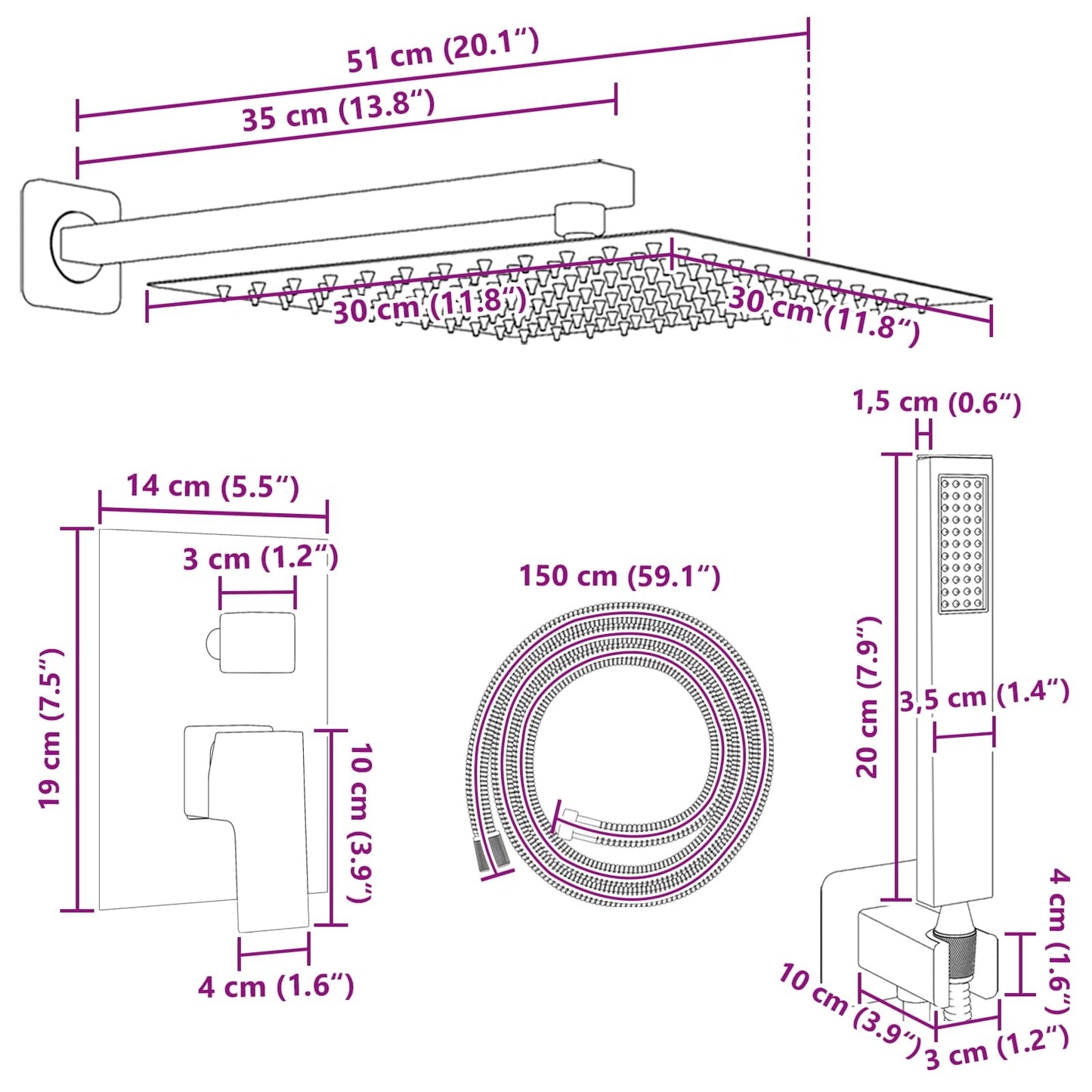 vidaXL Concealed Shower System (Square) Silver Stainless Steel 201