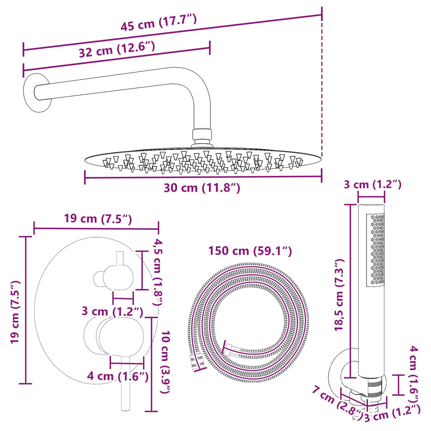 vidaXL Concealed Shower System (Round) Black Stainless Steel 201