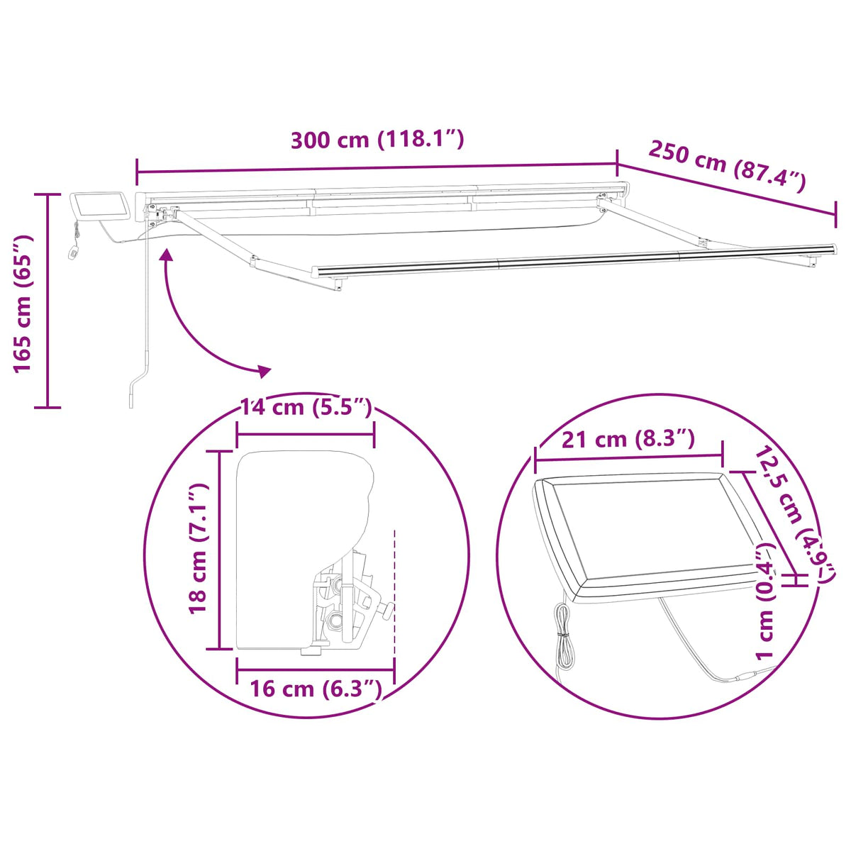 vidaXL Manual Awning Frame with Solar LED 3 x 2.5 m Anthracite