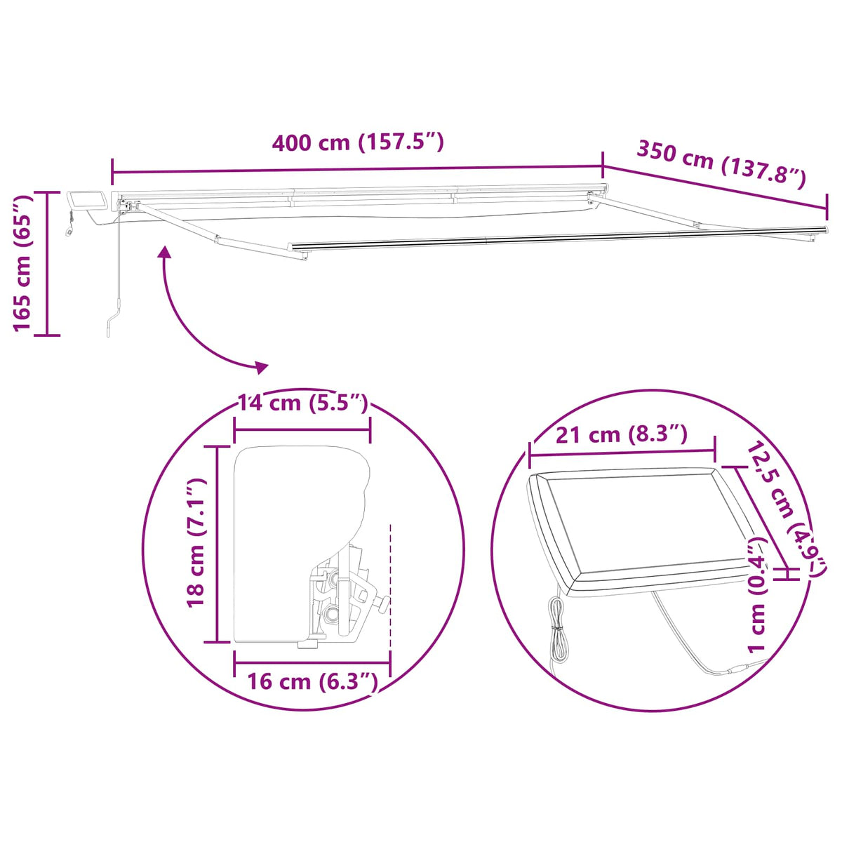 vidaXL Manual Awning Frame with Solar LED 4 x 3.5 m Anthracite