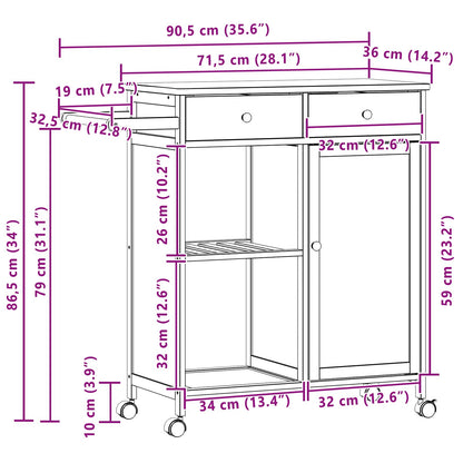 vidaXL Kitchen Trolley with Wheels Natural 90.5 x 36 x 86.5 cm Bamboo
