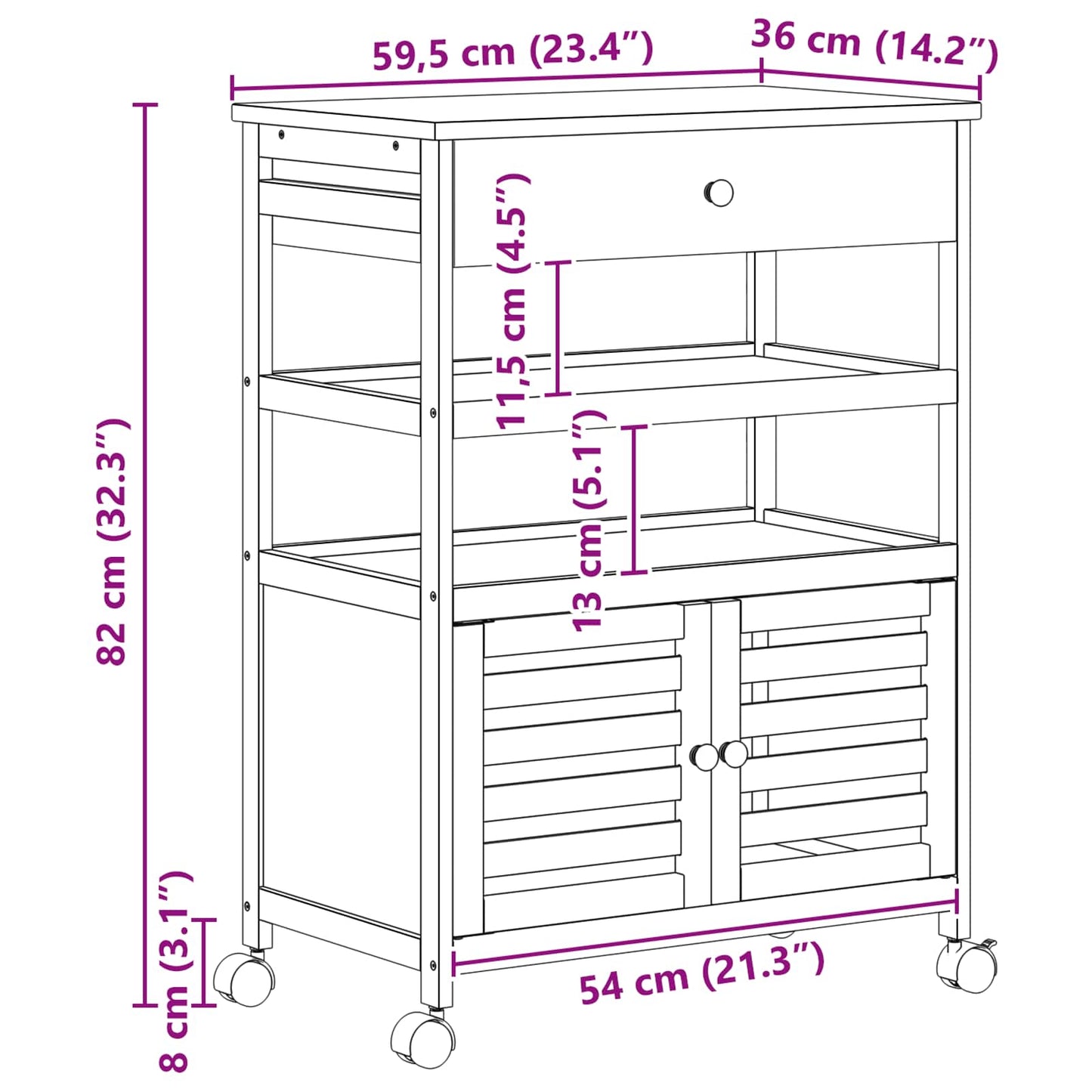 vidaXL Kitchen Trolley with Wheels Natural 59.5 x 36 x 82 cm Bamboo