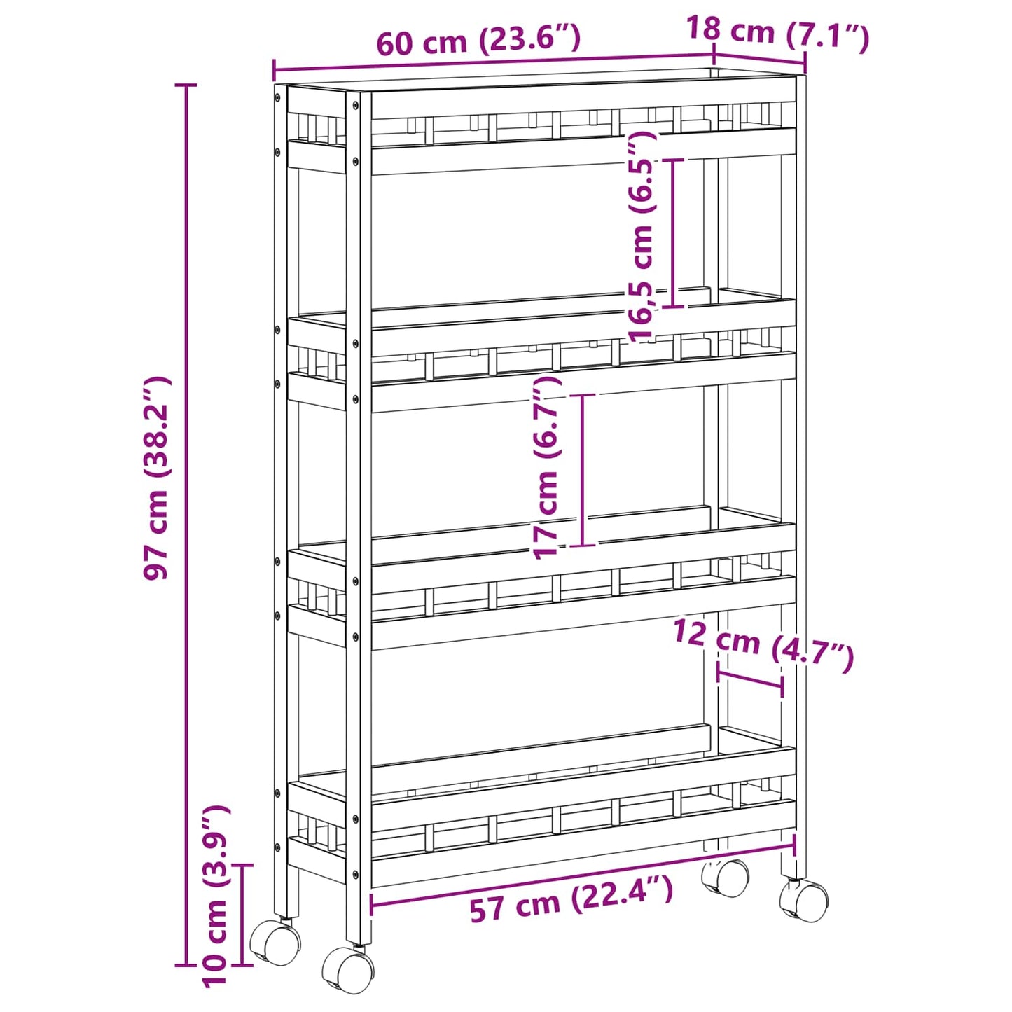 vidaXL Kitchen Trolley with Wheels Natural 60 x 18 x 97 cm Bamboo
