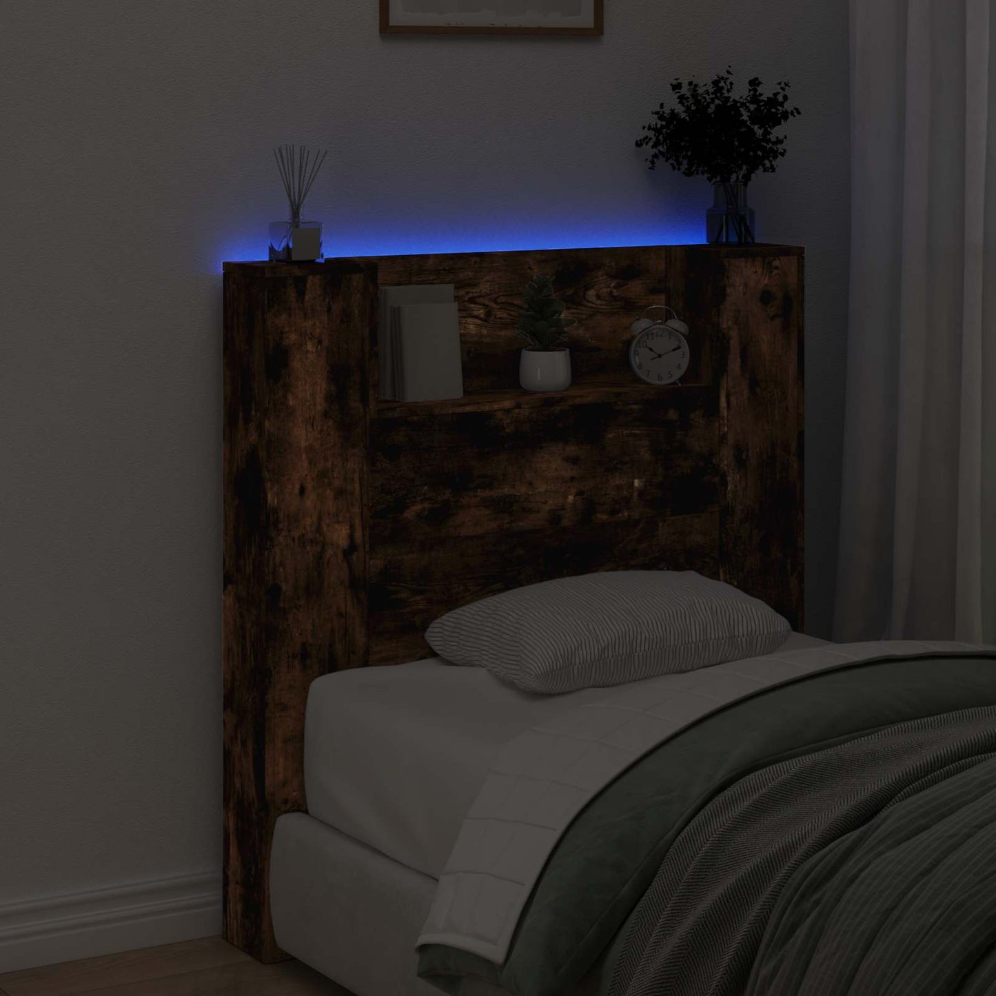 vidaXL Storage Headboard with LED Smoked Oak Engineered Wood