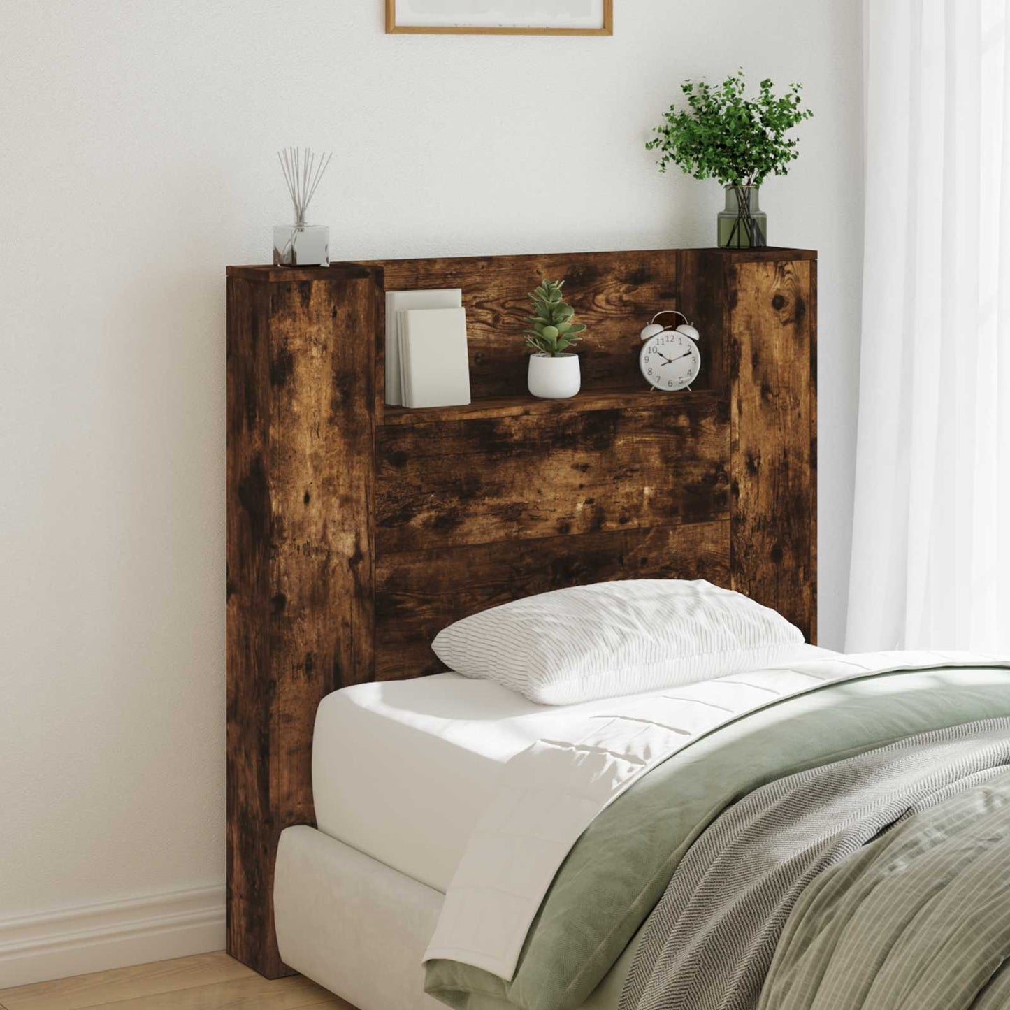 vidaXL Storage Headboard with LED Smoked Oak Engineered Wood