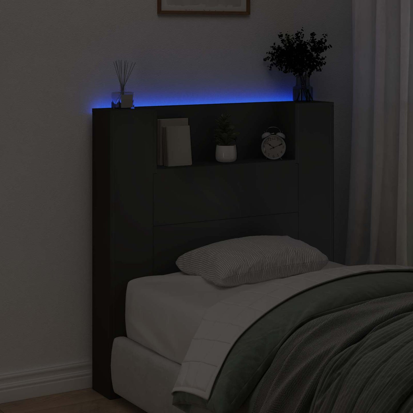 vidaXL Storage Headboard with LED Black Engineered Wood