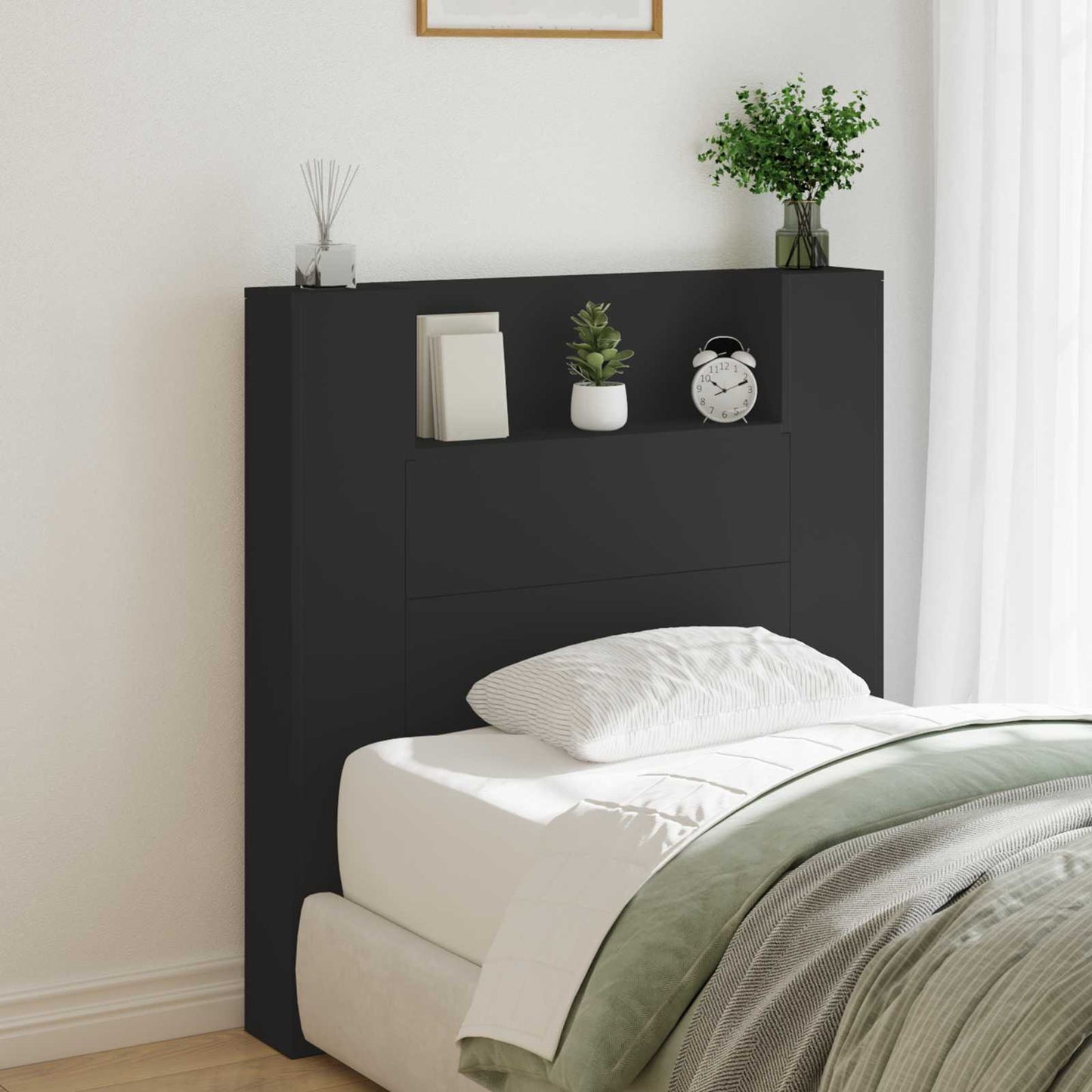 vidaXL Storage Headboard with LED Black Engineered Wood