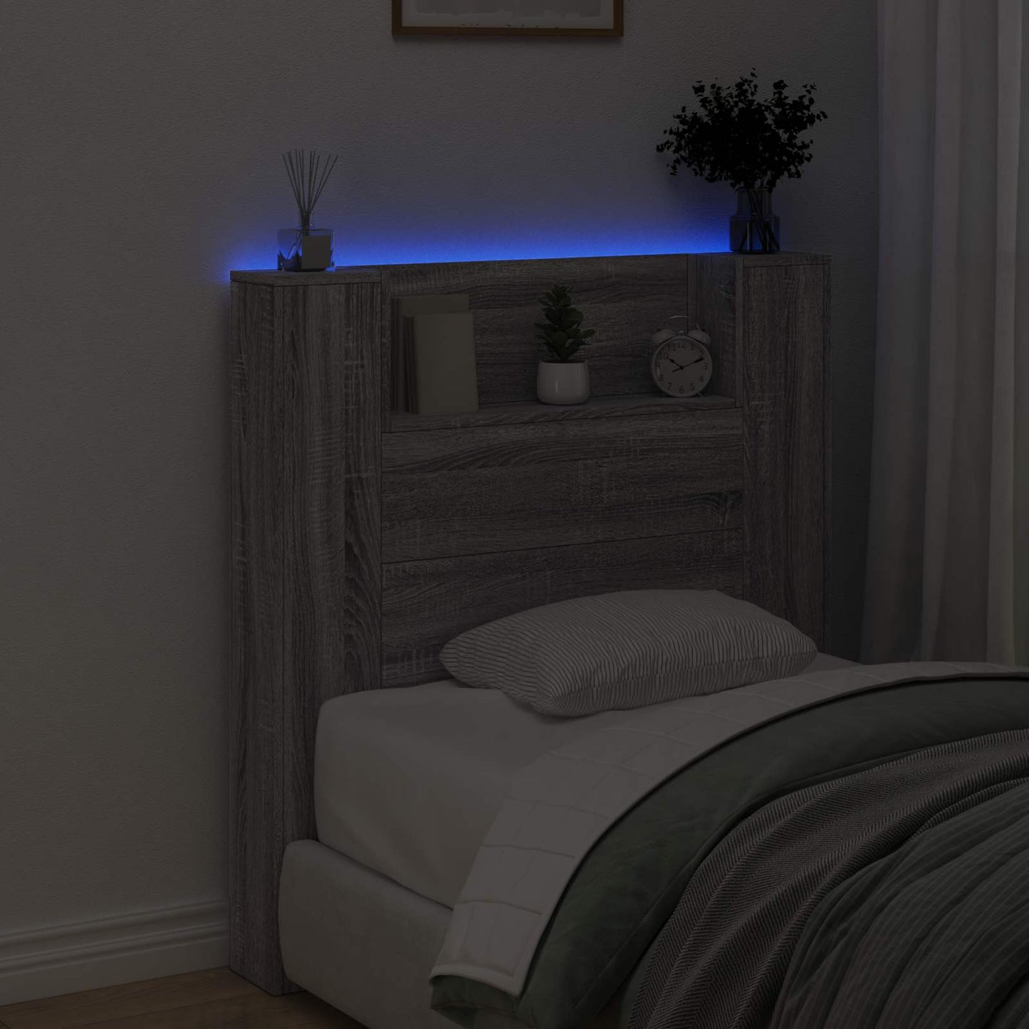 vidaXL Storage Headboard with LED Grey Sonoma Engineered Wood
