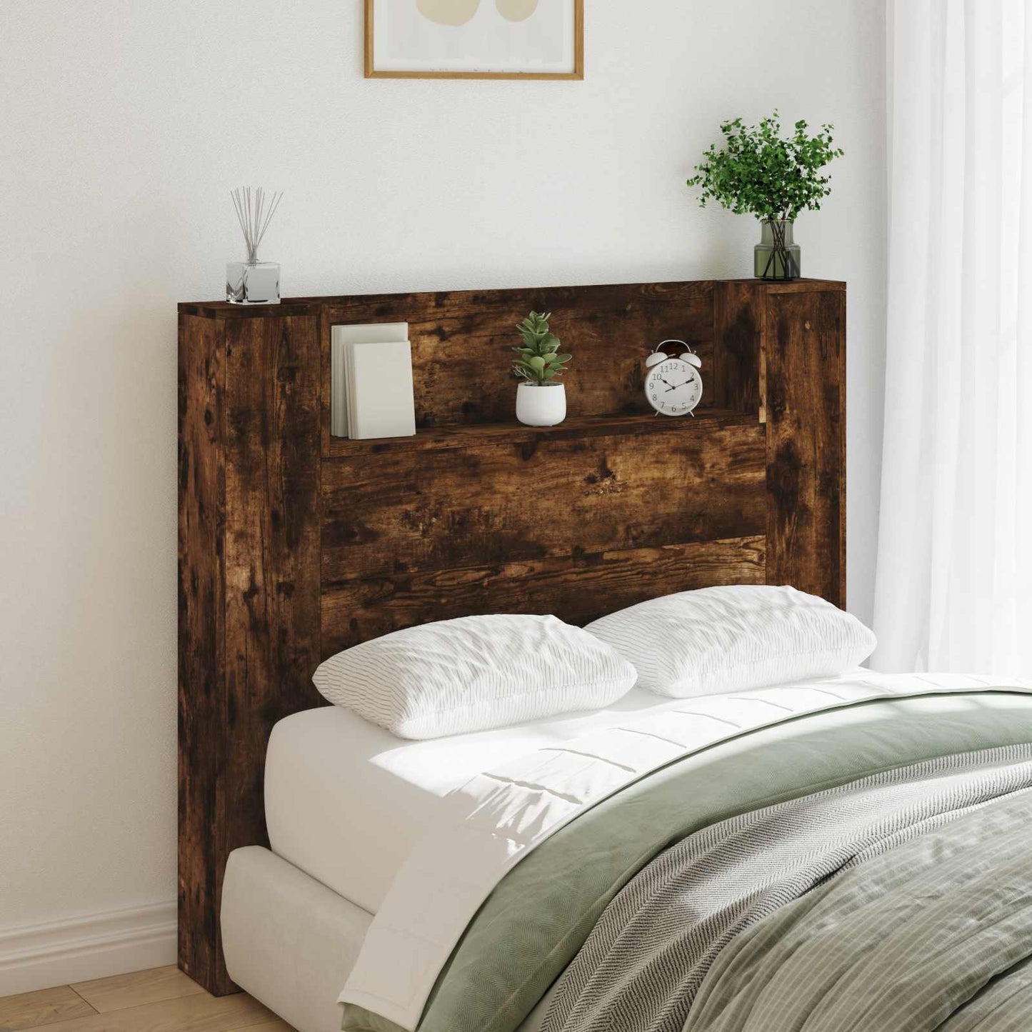 vidaXL Storage Headboard with LED Smoked Oak Engineered Wood