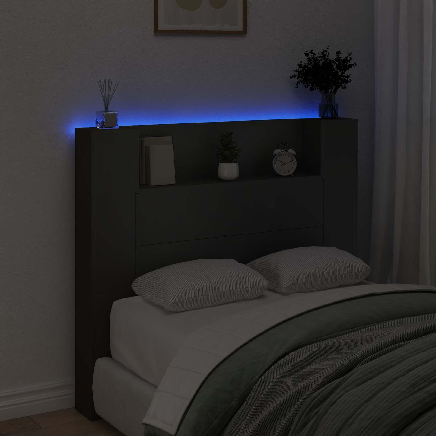 vidaXL Storage Headboard with LED Black Engineered Wood