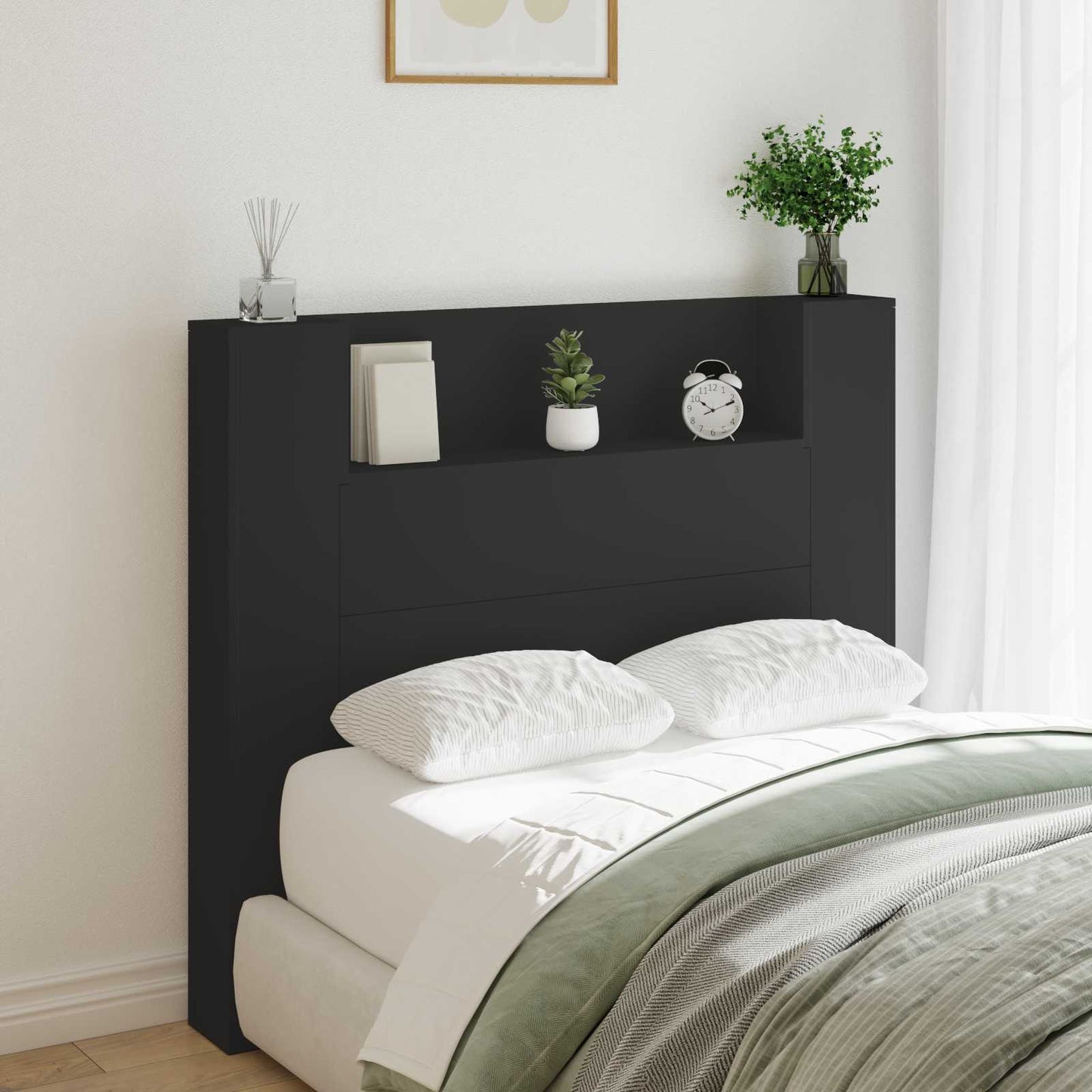 vidaXL Storage Headboard with LED Black Engineered Wood