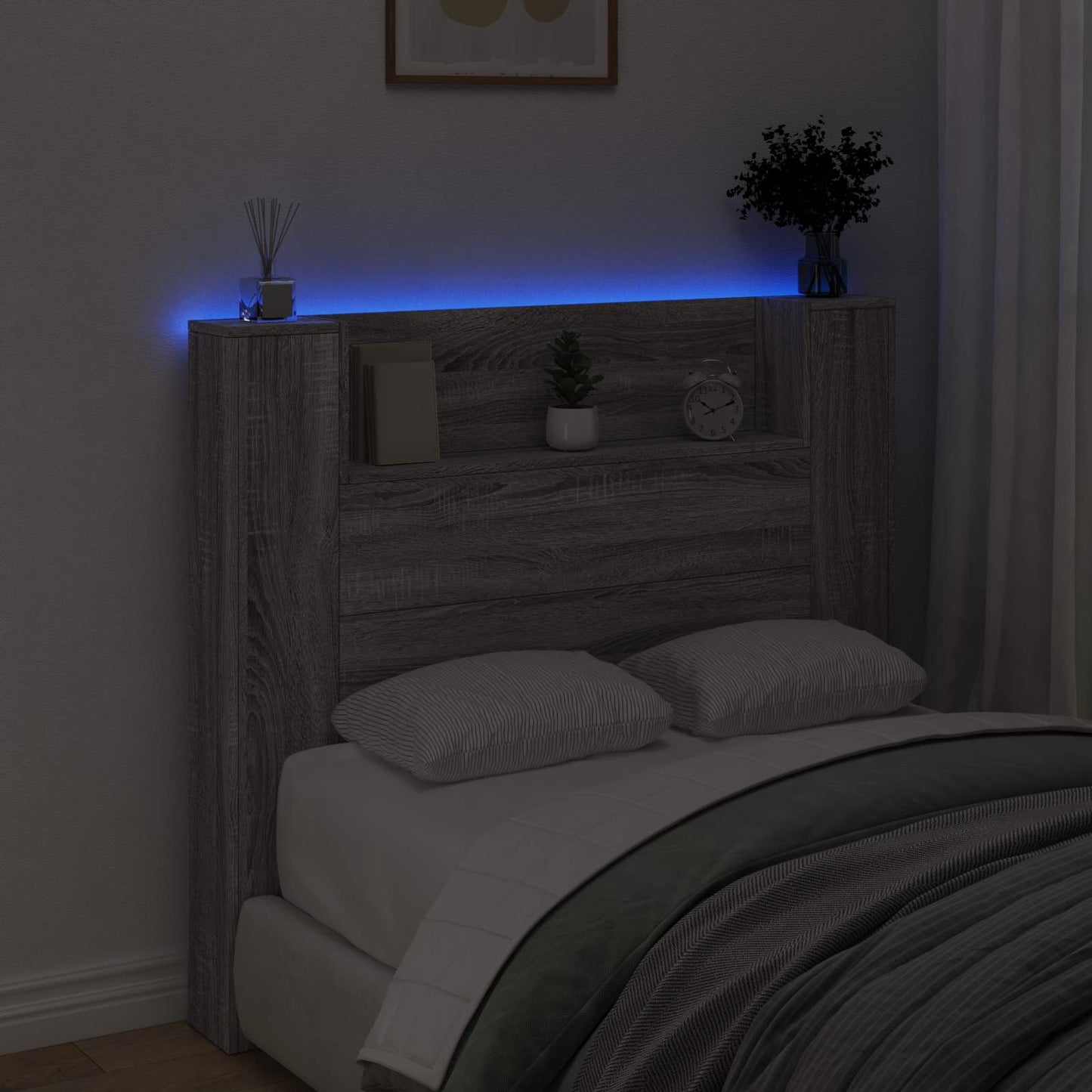 vidaXL Storage Headboard with LED Grey Sonoma Engineered Wood
