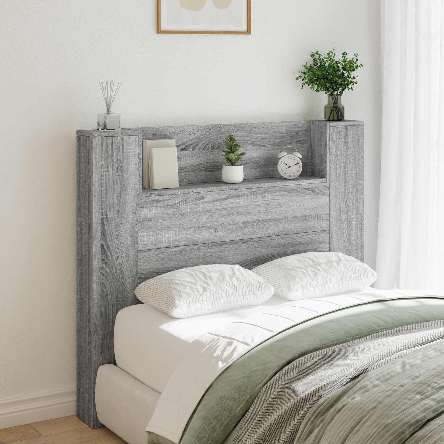 vidaXL Storage Headboard with LED Grey Sonoma Engineered Wood