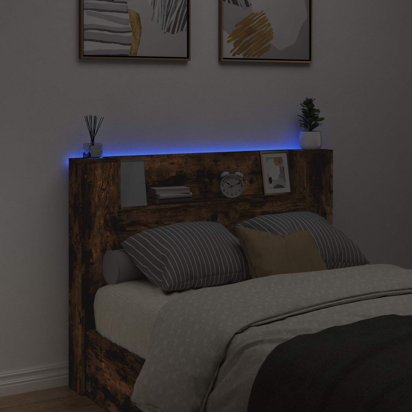 vidaXL Storage Headboard with LED Smoked Oak Engineered Wood