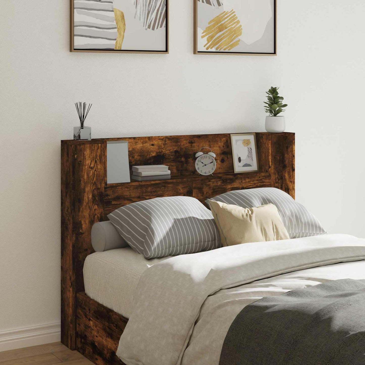 vidaXL Storage Headboard with LED Smoked Oak Engineered Wood