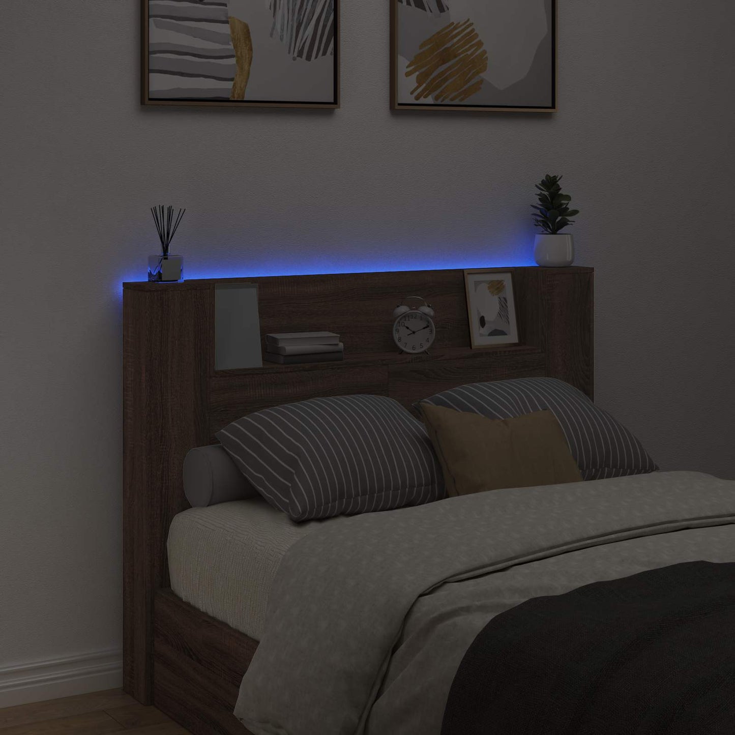 vidaXL Storage Headboard with LED Brown Oak Engineered Wood