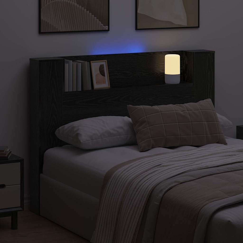 vidaXL Storage Headboard with LED Black Oak Engineered Wood