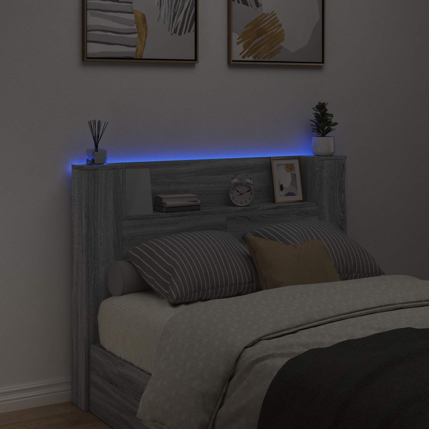 vidaXL Storage Headboard with LED Grey Sonoma Engineered Wood