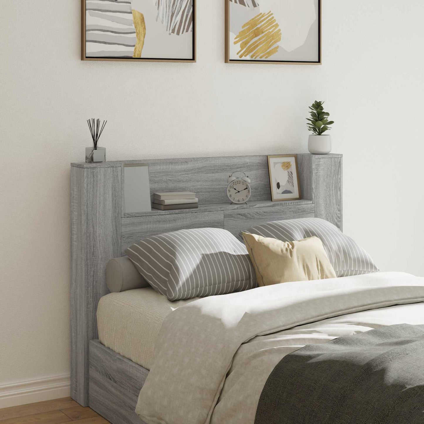 vidaXL Storage Headboard with LED Grey Sonoma Engineered Wood