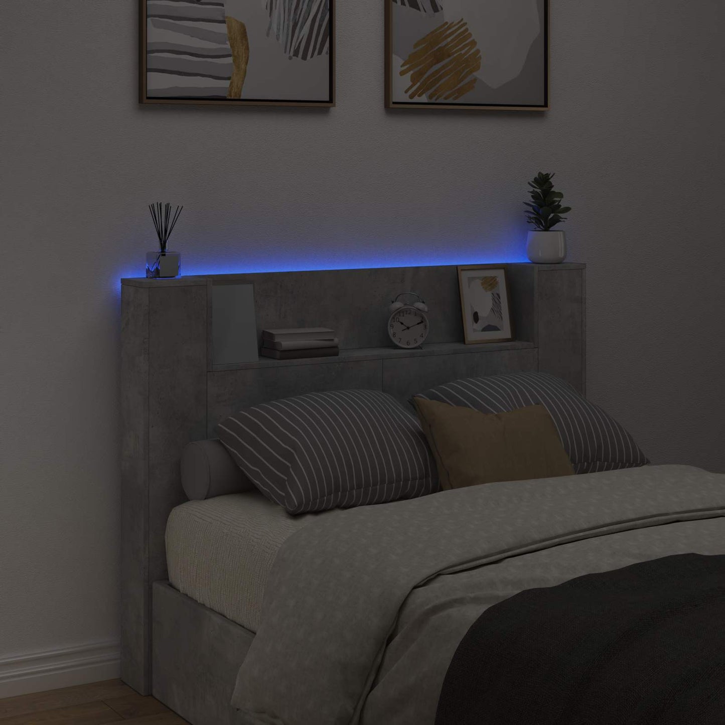 vidaXL Storage Headboard with LED Concrete Grey Engineered Wood