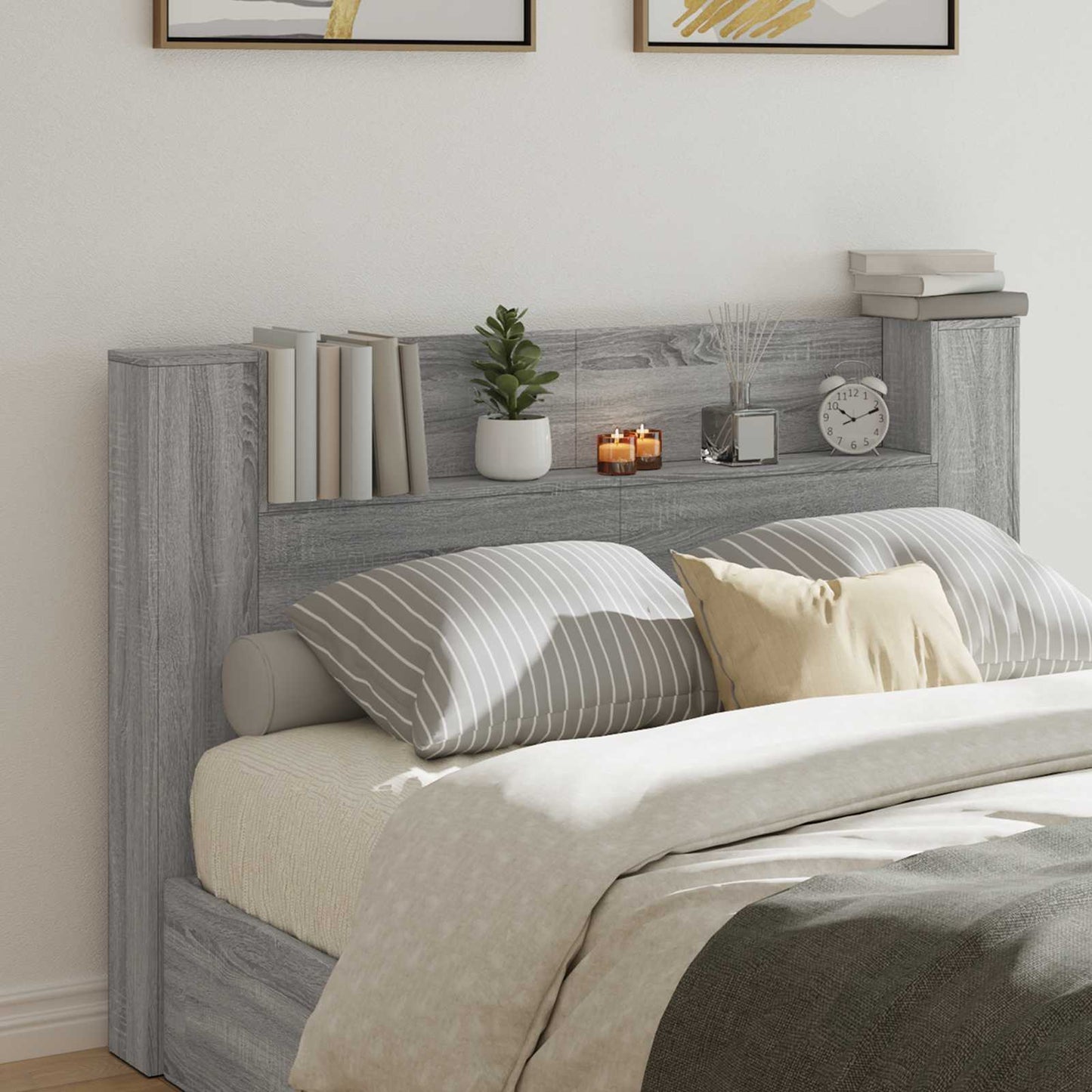 vidaXL Storage Headboard with LED Grey Sonoma Engineered Wood