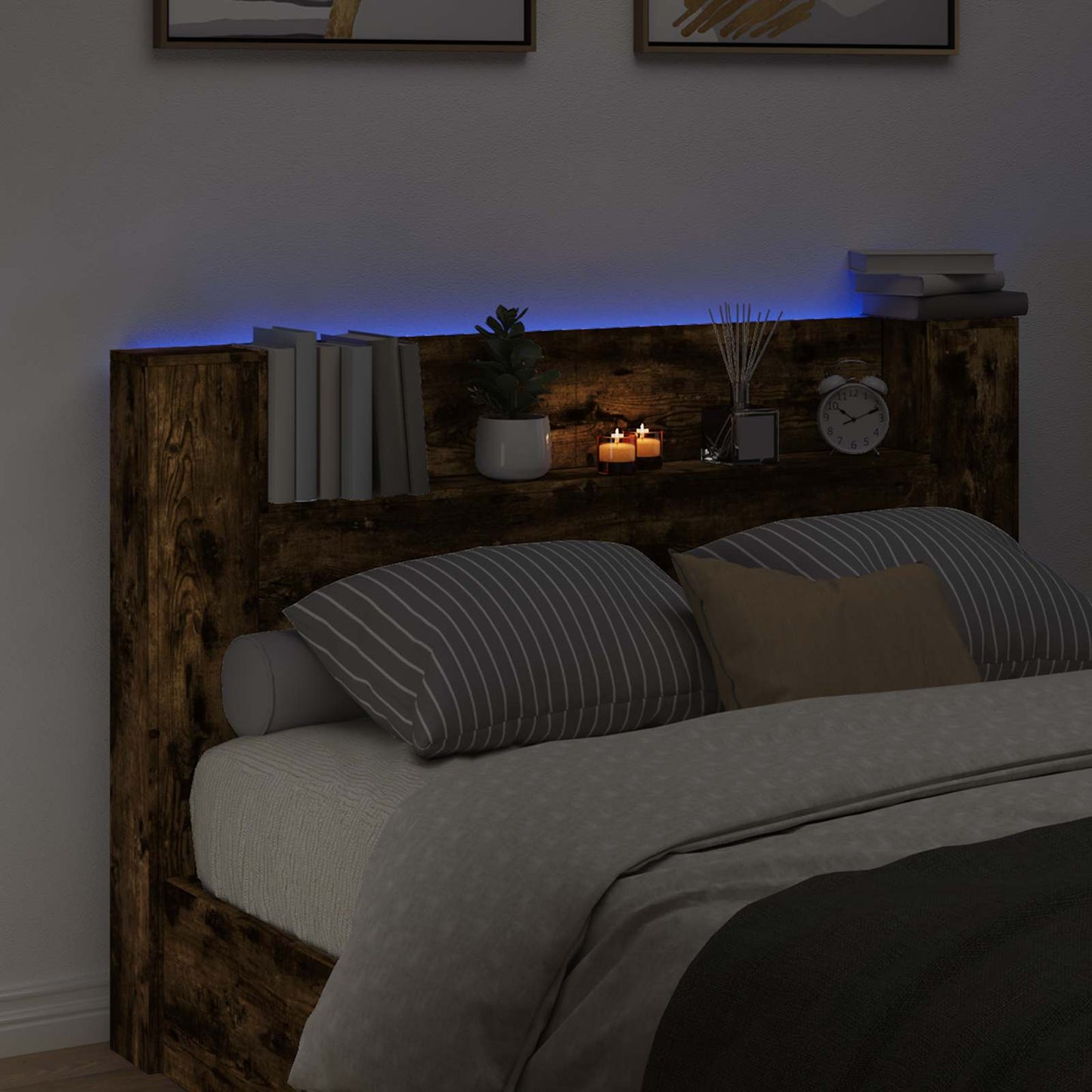 vidaXL Storage Headboard with LED Smoked Oak Engineered Wood
