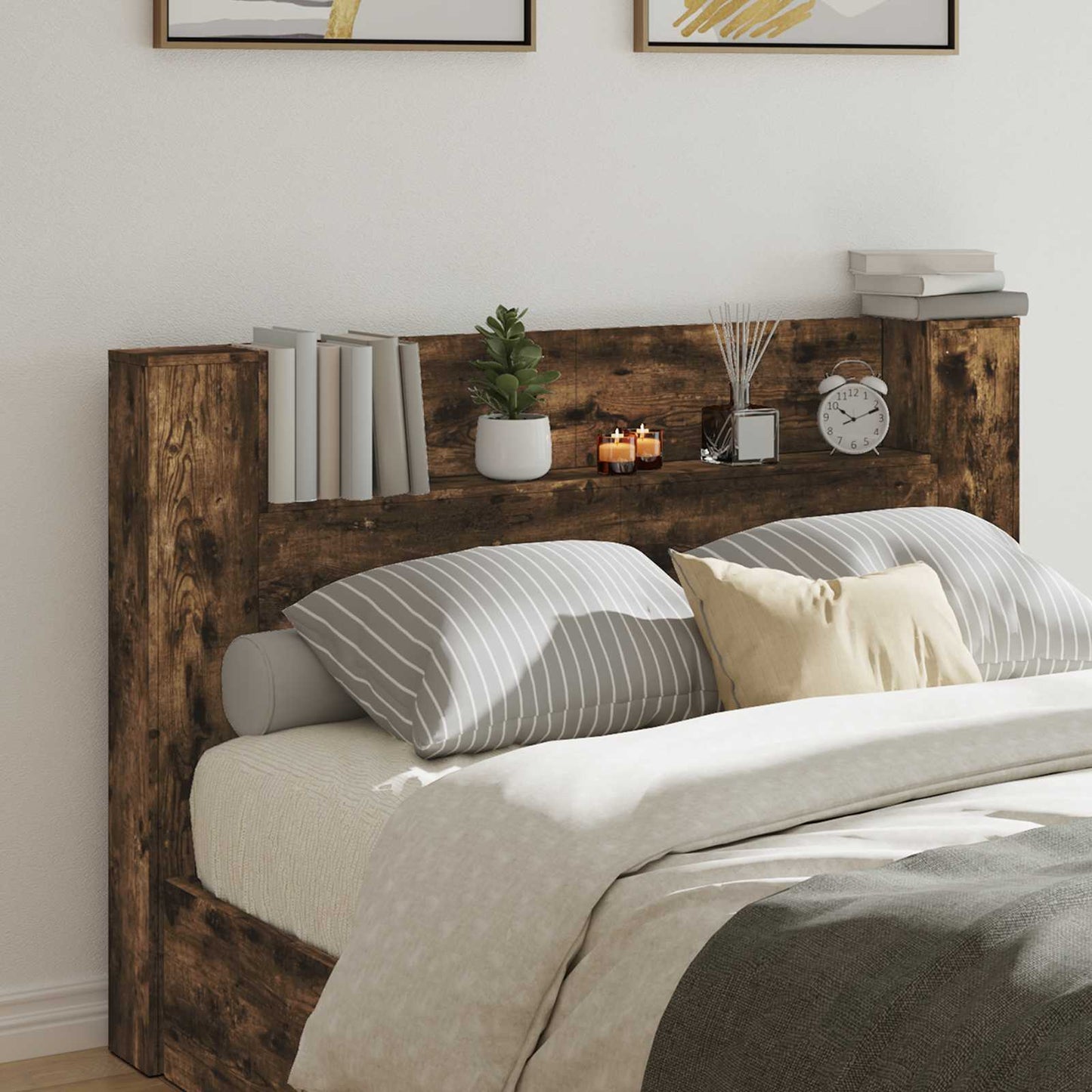 vidaXL Storage Headboard with LED Smoked Oak Engineered Wood