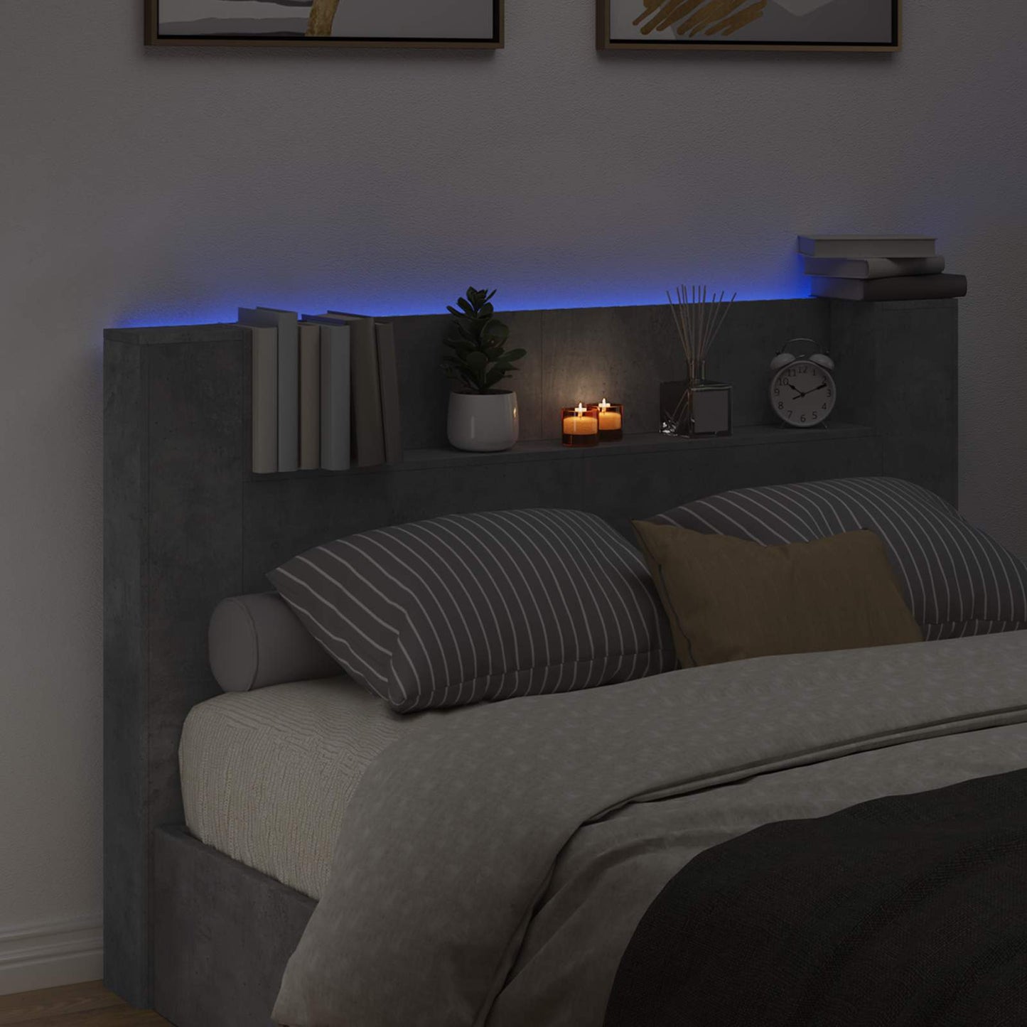 vidaXL Storage Headboard with LED Concrete Grey Engineered Wood