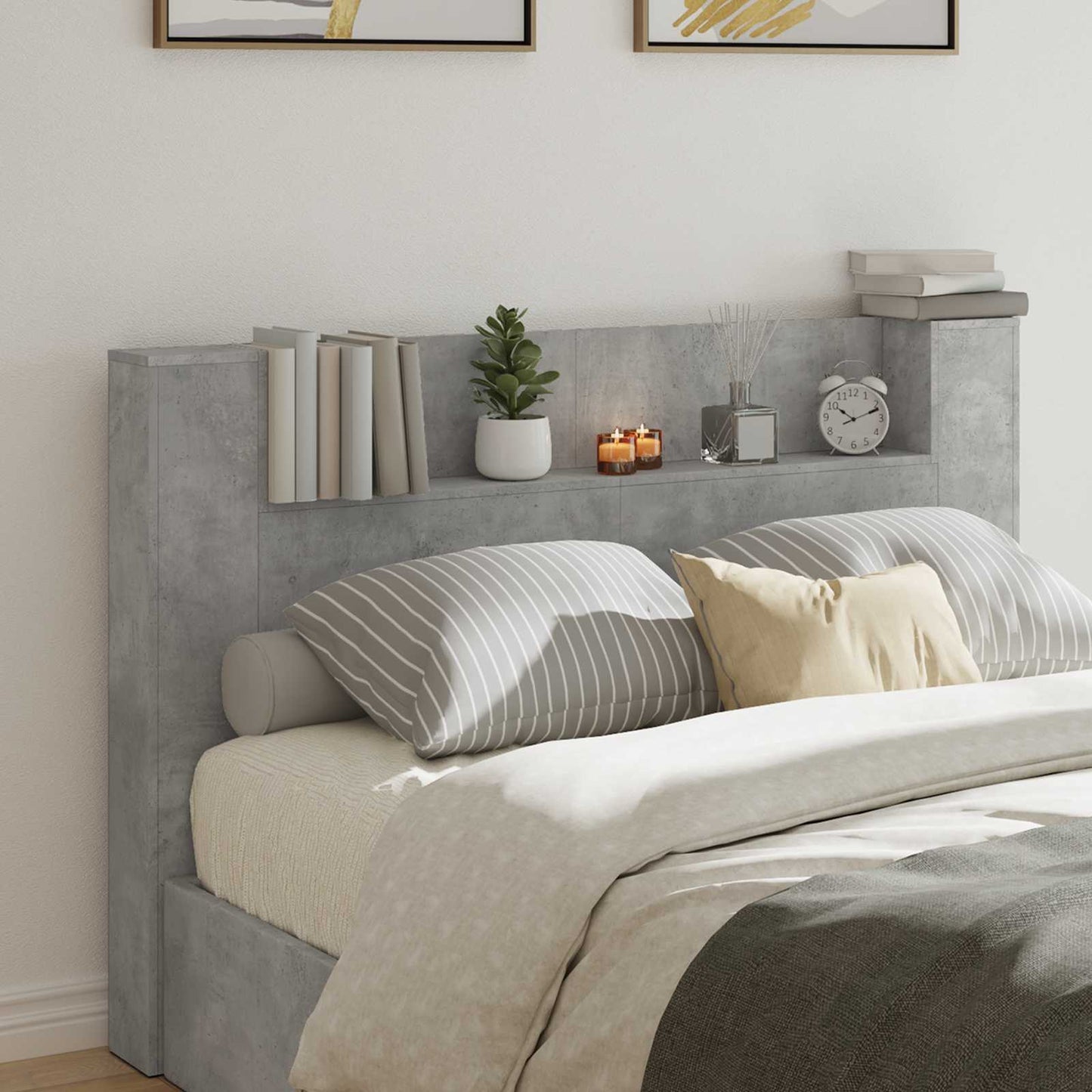 vidaXL Storage Headboard with LED Concrete Grey Engineered Wood