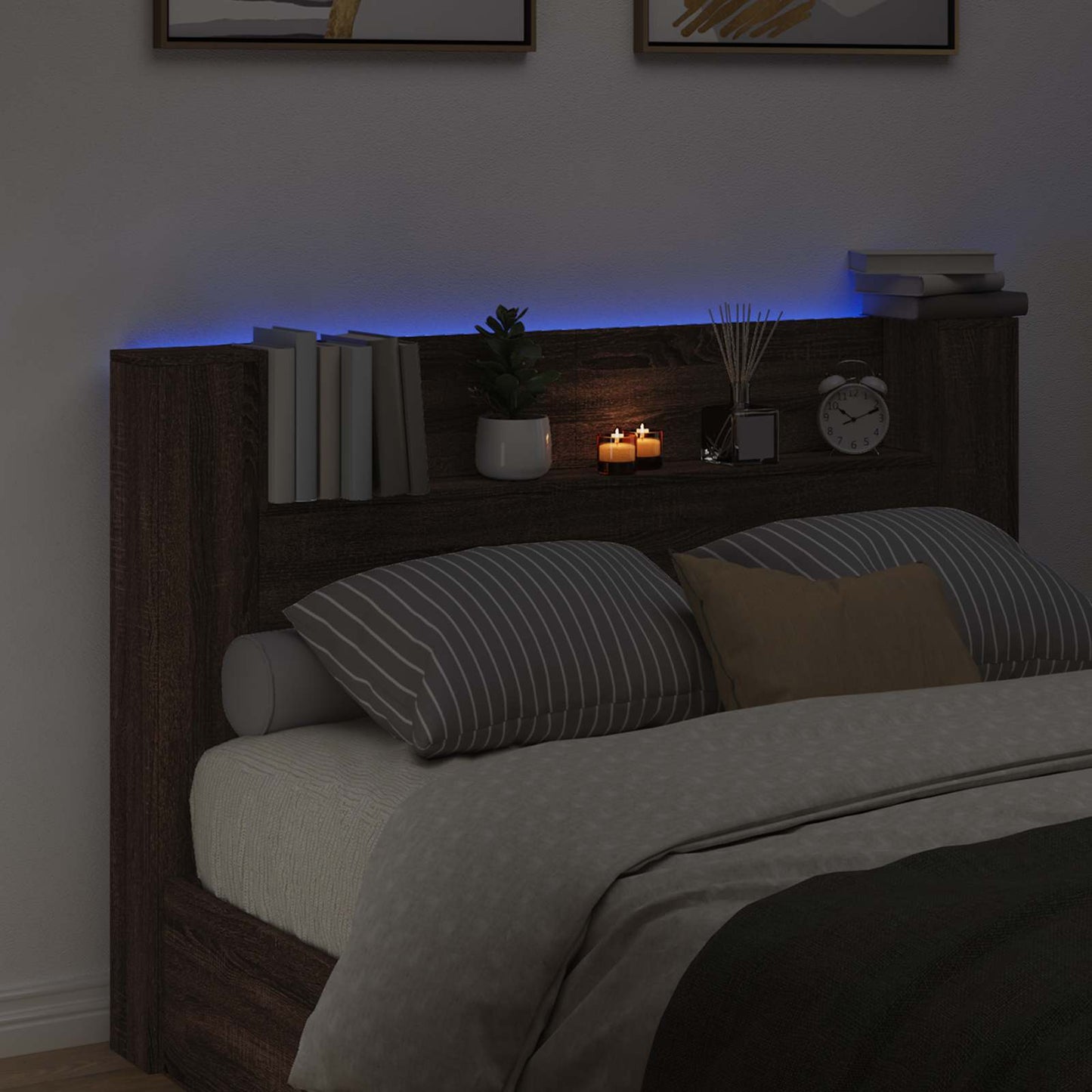vidaXL Storage Headboard with LED Brown Oak Engineered Wood