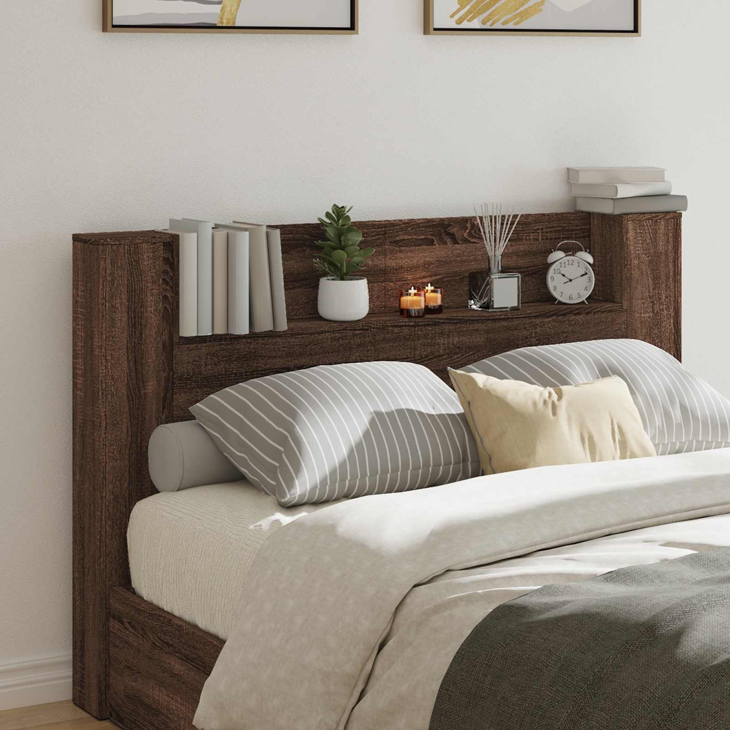 vidaXL Storage Headboard with LED Brown Oak Engineered Wood