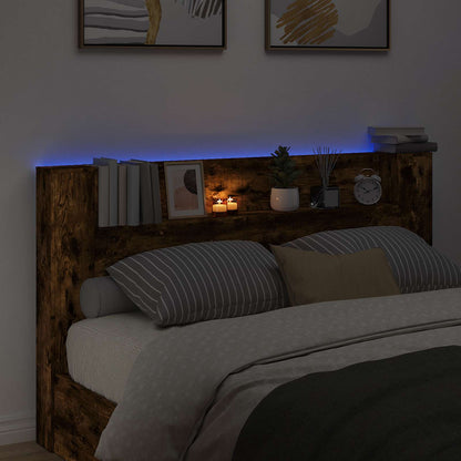 vidaXL Storage Headboard with LED Smoked Oak Engineered Wood