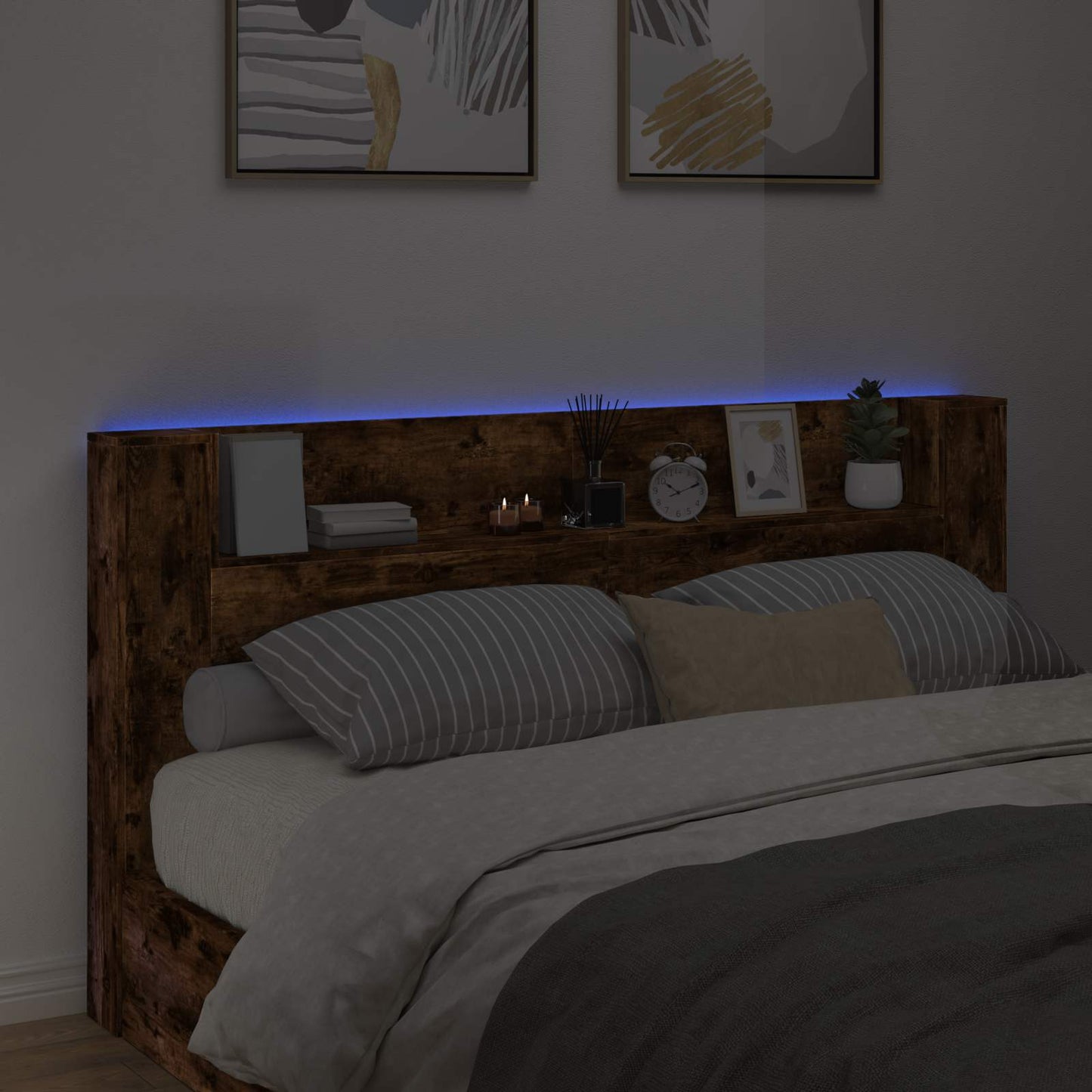 vidaXL Storage Headboard with LED Smoked Oak Engineered Wood