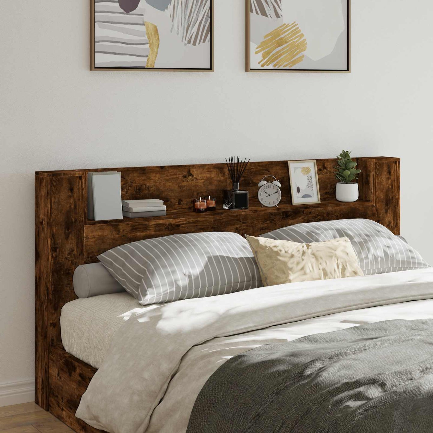 vidaXL Storage Headboard with LED Smoked Oak Engineered Wood