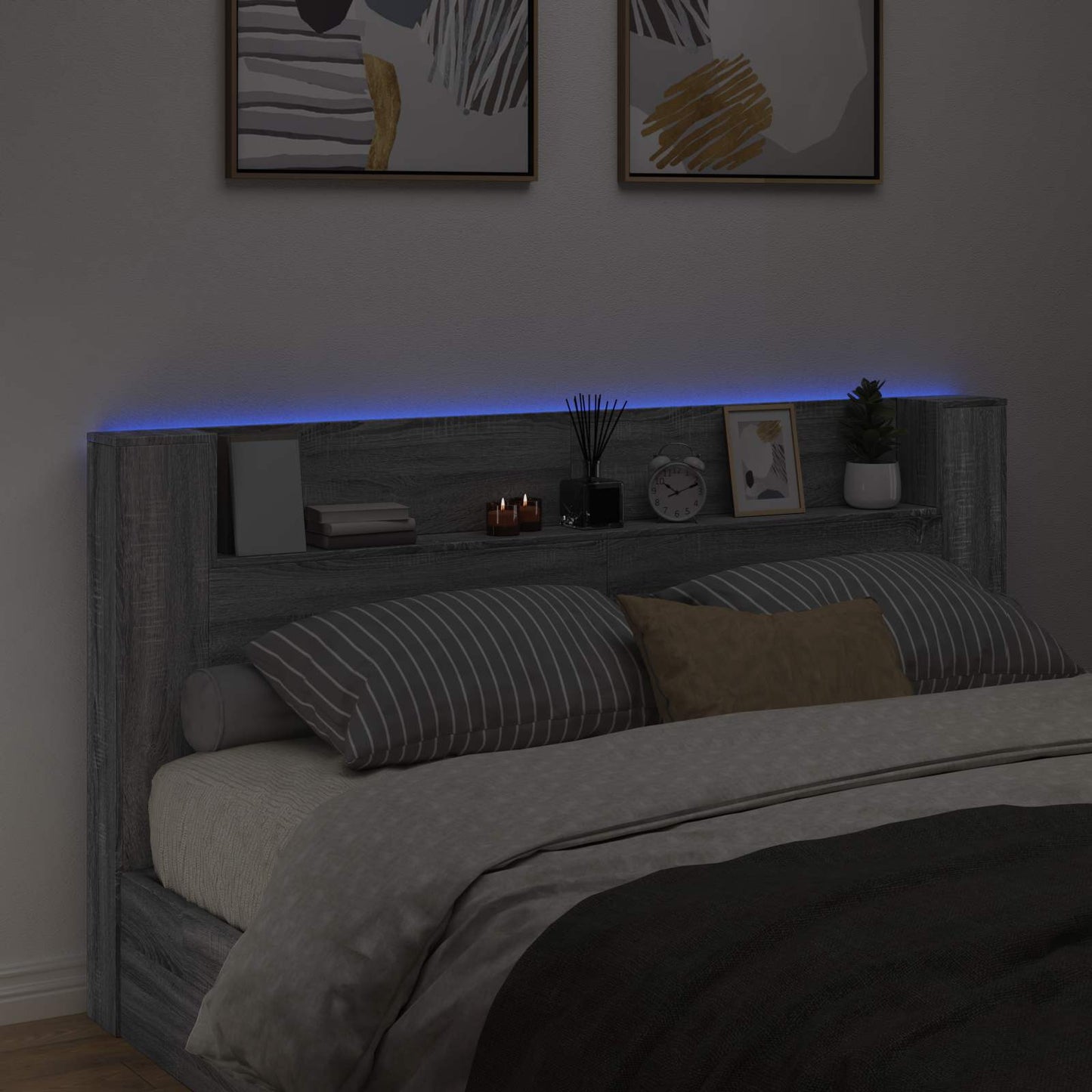 vidaXL Storage Headboard with LED Grey Sonoma Engineered Wood