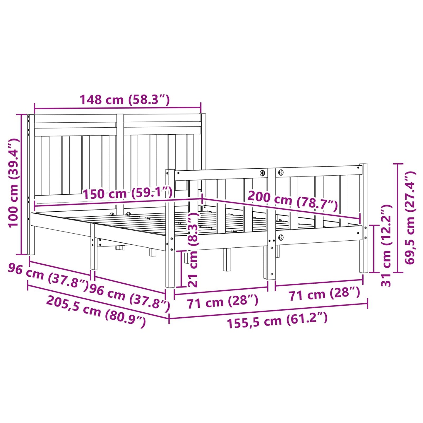 vidaXL Bed Frame Wax Brown 205.5 x 155.5 x 100 cm Solid Pine Wood