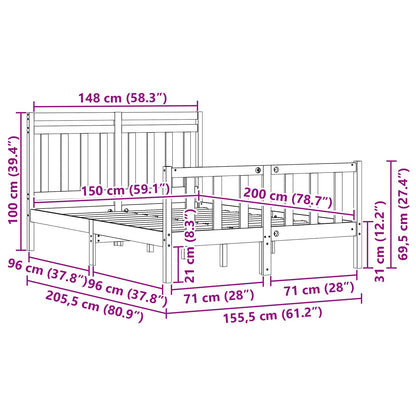 vidaXL Bed Frame Wax Brown 205.5 x 155.5 x 100 cm Solid Pine Wood