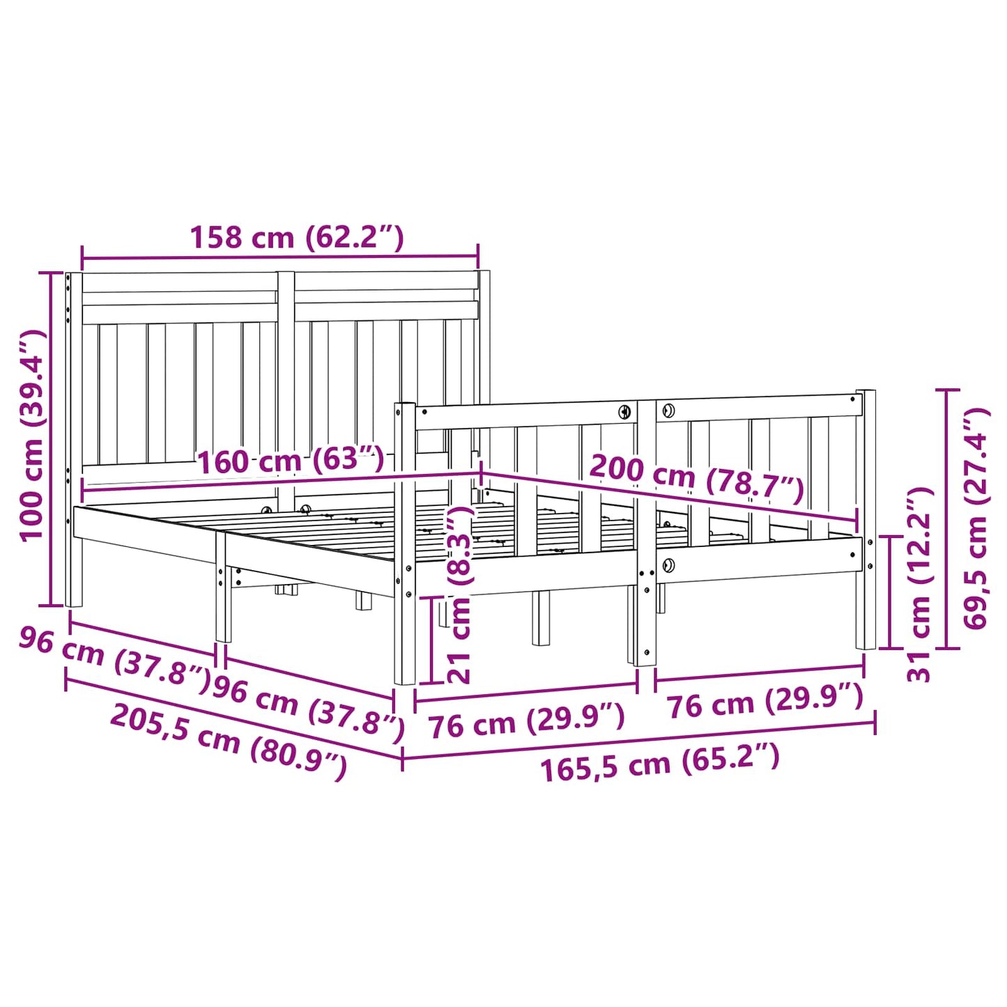 vidaXL Bed Frame Wax Brown 205.5 x 165.5 x 100 cm Solid Pine Wood